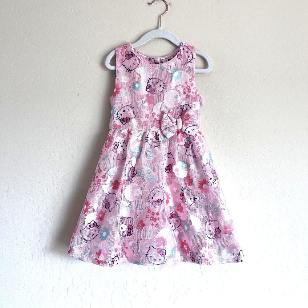 Hello Kitty Sanrio Girls Size 5 Pink Floral Jacquard Party Dress Bow
